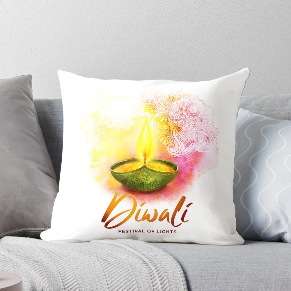 Colorful watercolor Diwali candles and decorative pillow with traditional Indian design