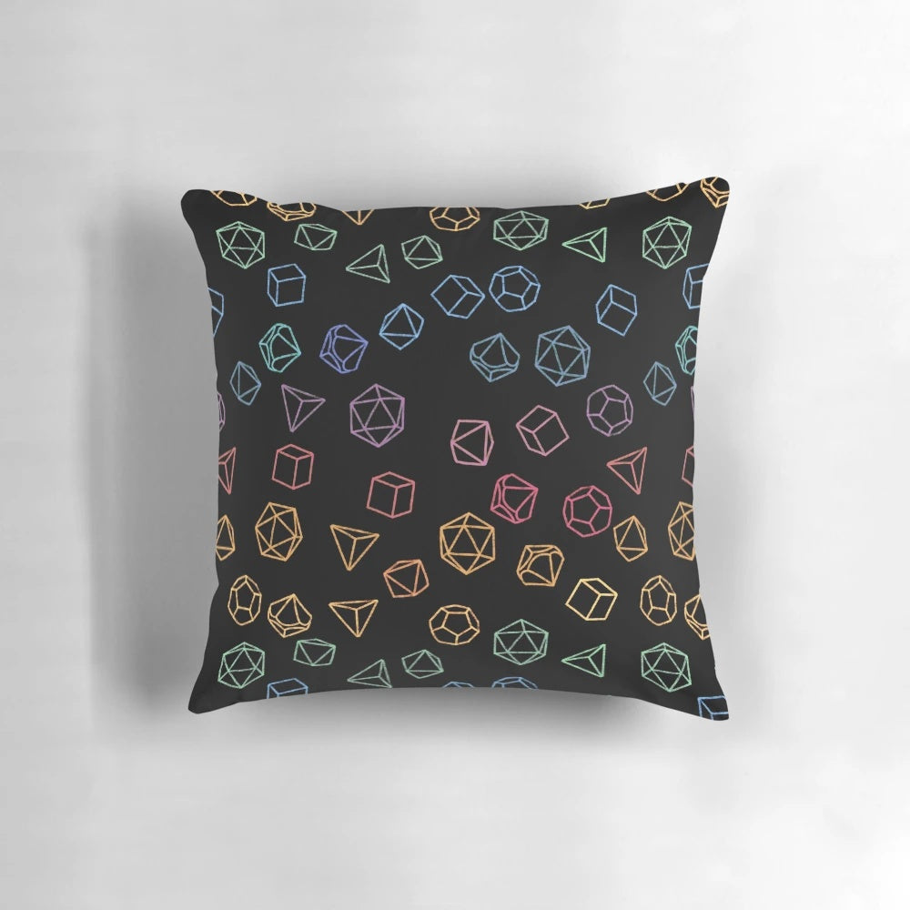 Colorful DnD dice pattern on a black background pillow