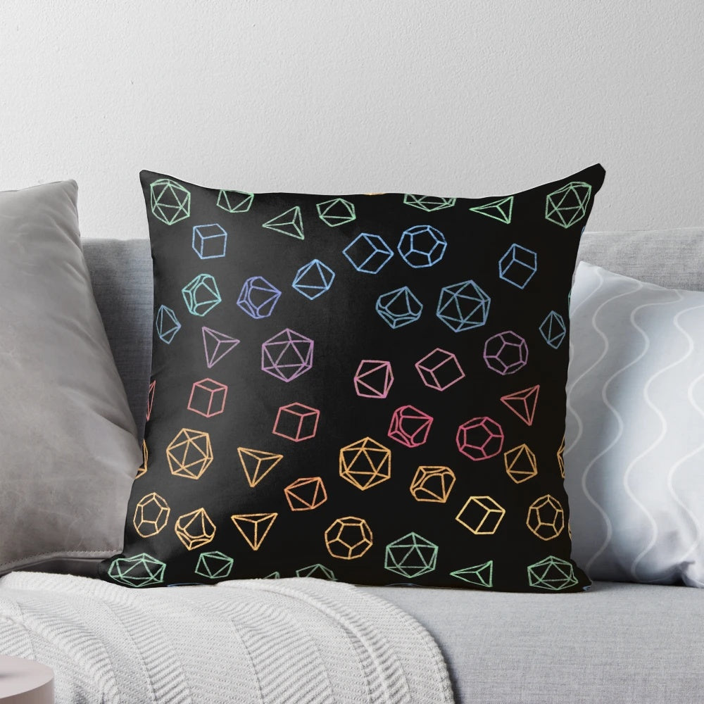 Colorful DnD dice pattern on a black background pillow