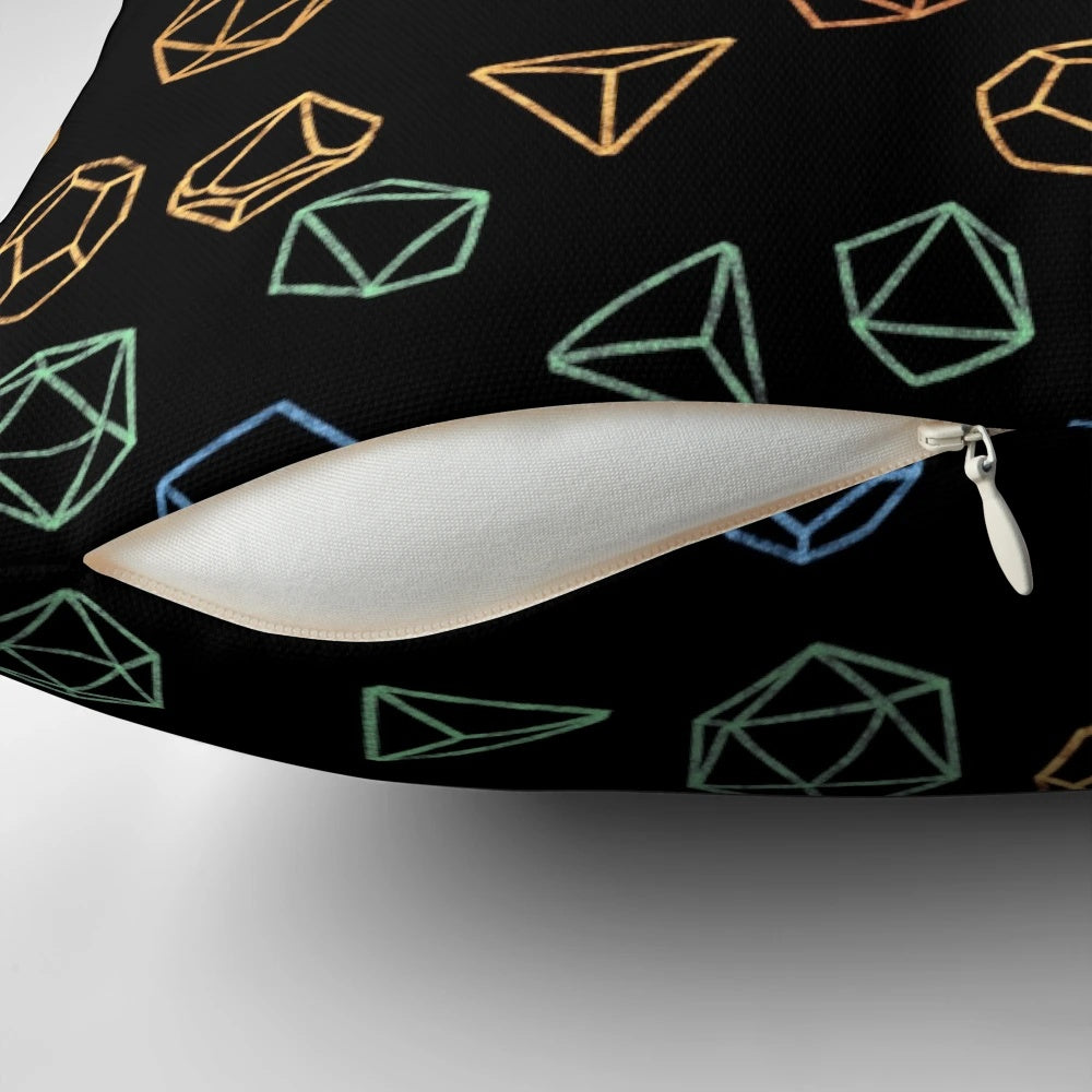 Colorful DnD dice pattern on a black background pillow