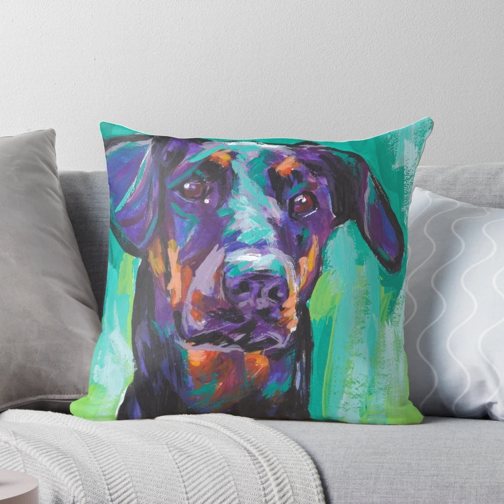 Bright and colorful pop art style Doberman Pinscher dog portrait on a decorative throw pillow.