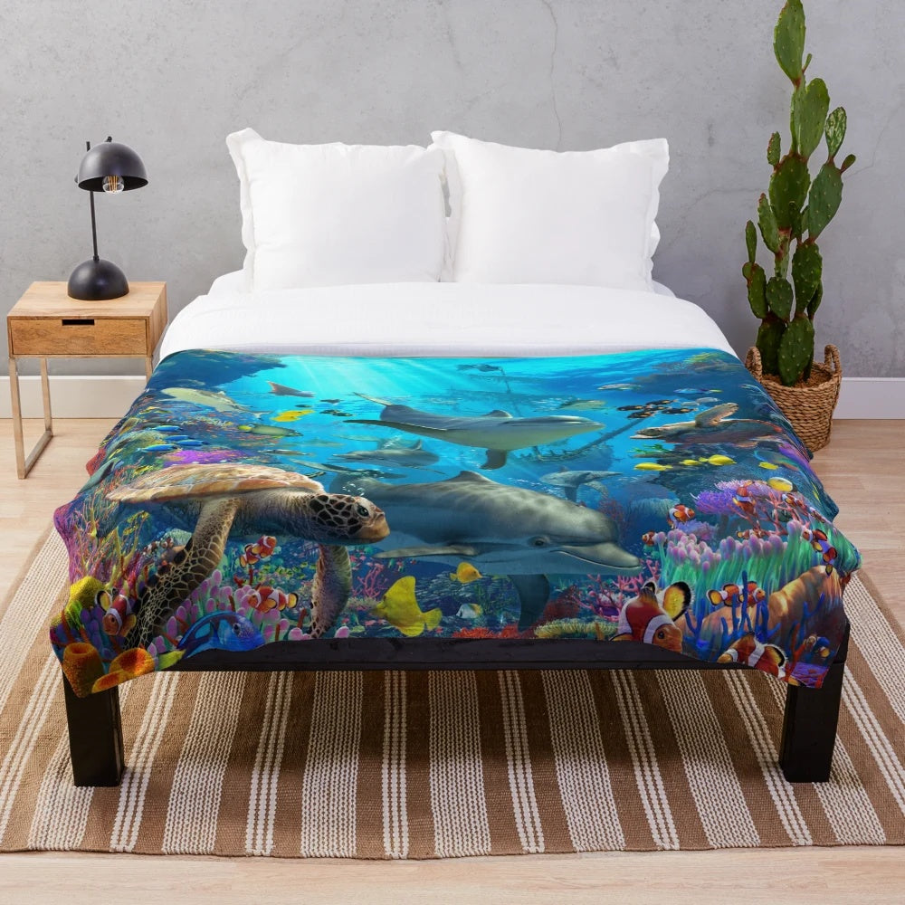 Colorful dolphin plush blanket with marine life design