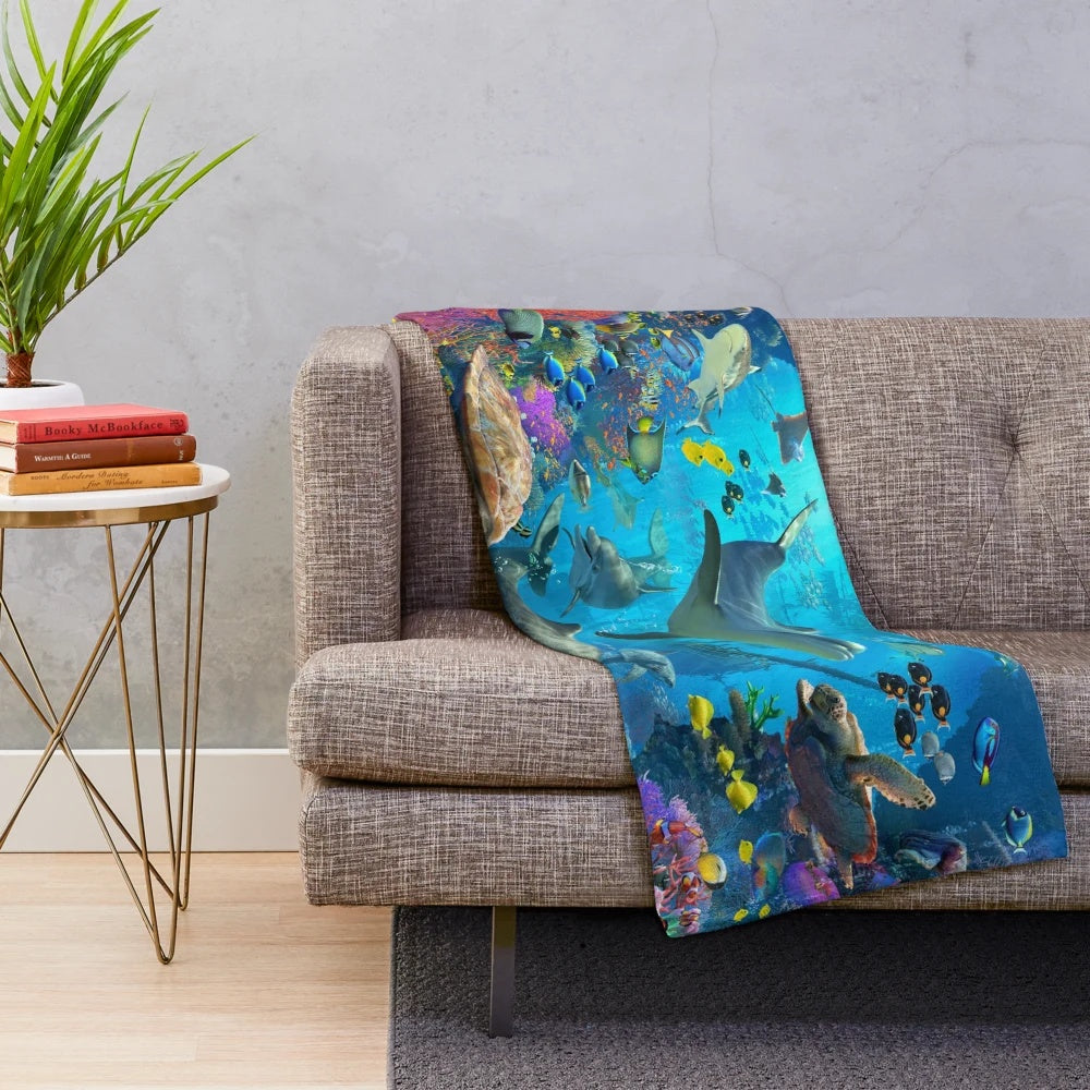 Colorful dolphin plush blanket with marine life design