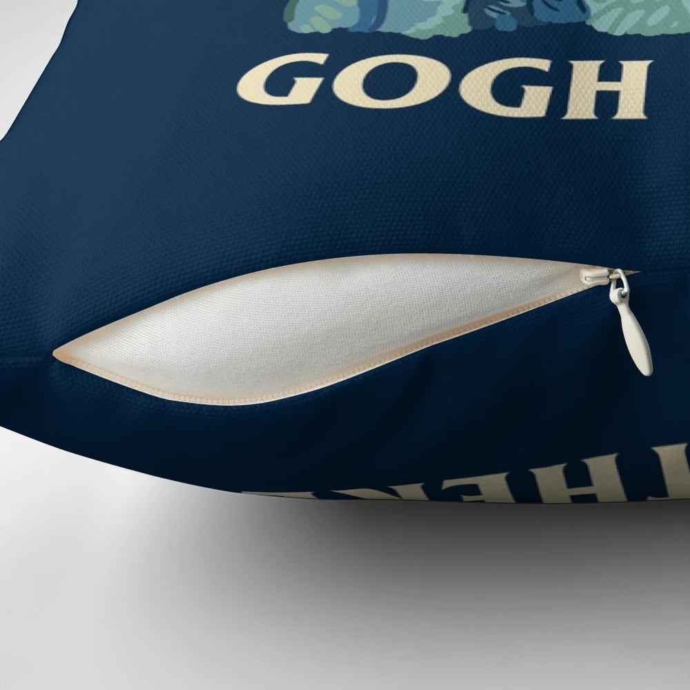 A vibrant and humorous "Don't Even Gogh There" pillow design inspired by the iconic painter Vincent Van Gogh.