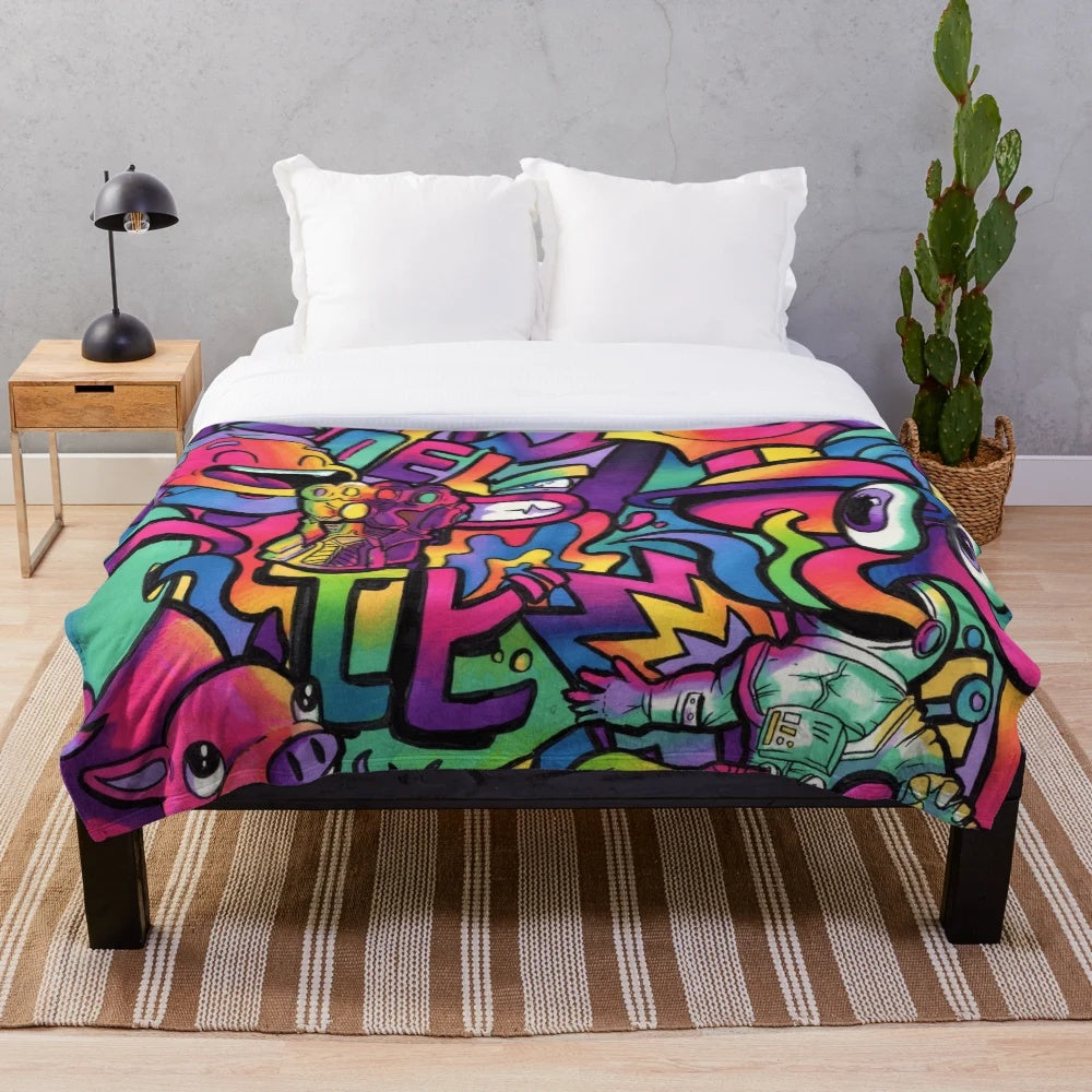 Colorful doodle plush blanket featuring Copic marker-style artwork