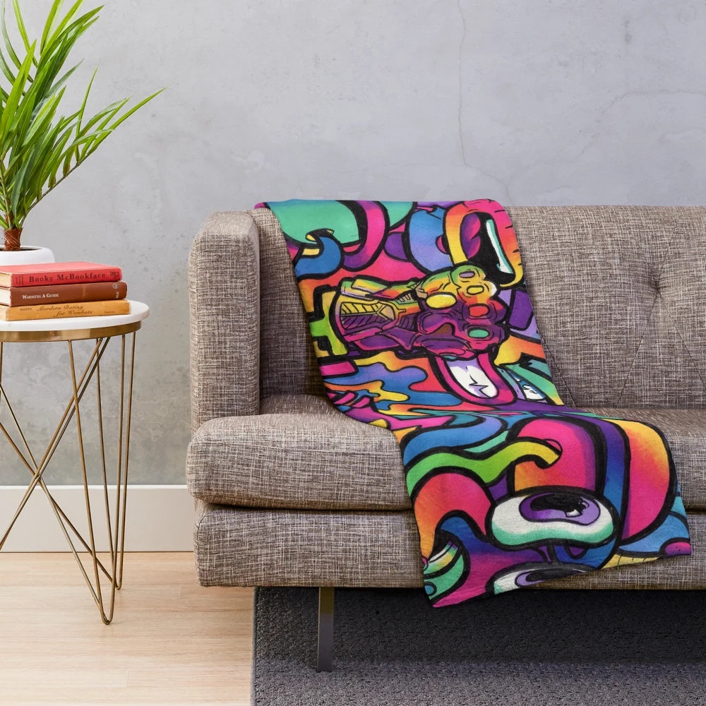 Colorful doodle plush blanket featuring Copic marker-style artwork