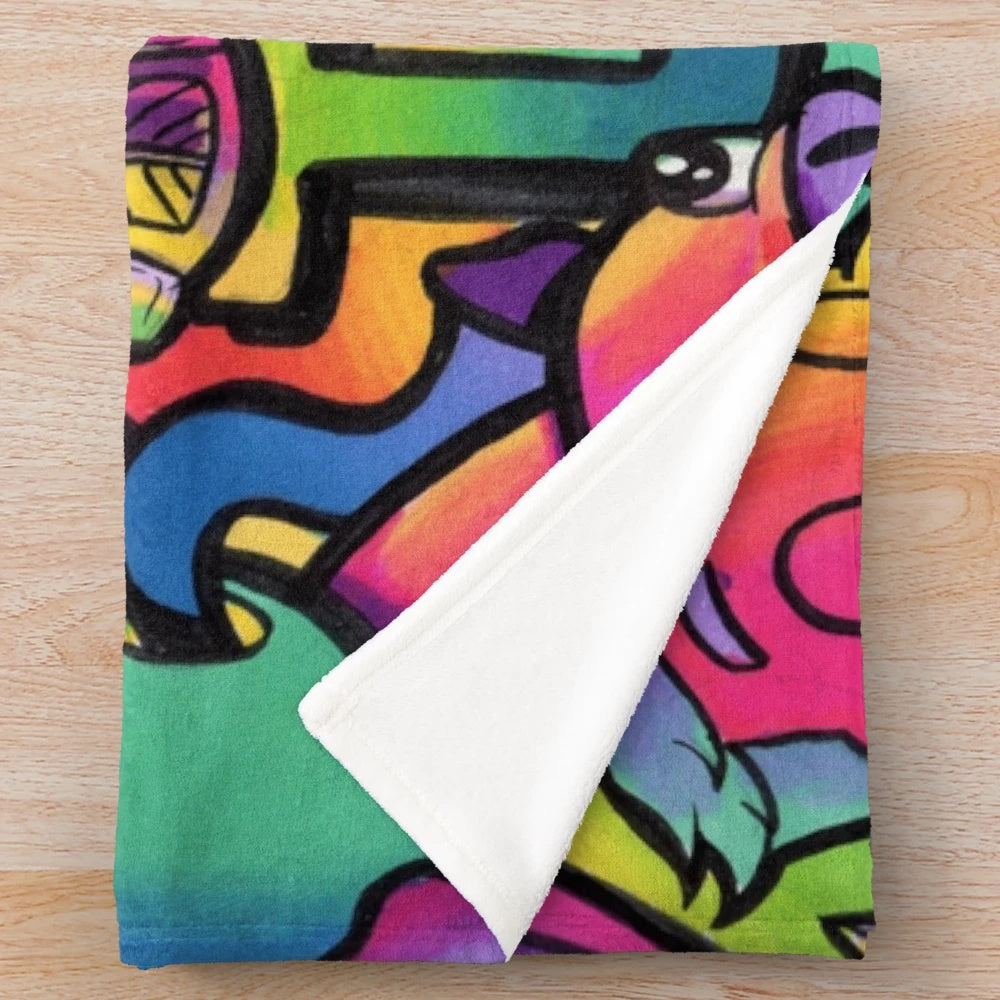 Colorful doodle plush blanket featuring Copic marker-style artwork