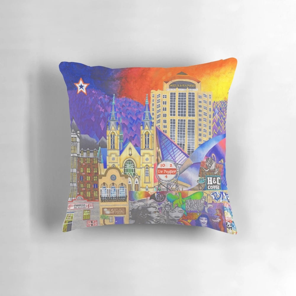Colorful pillow featuring a detailed drawing of the Roanoke, Virginia train station by artist Brook Ludy.