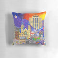 Colorful pillow featuring a detailed drawing of the Roanoke, Virginia train station by artist Brook Ludy.