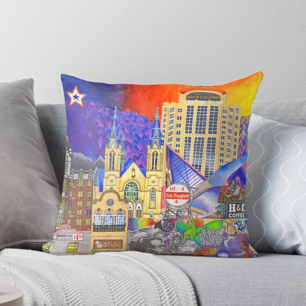 Colorful pillow featuring a detailed drawing of the Roanoke, Virginia train station by artist Brook Ludy.