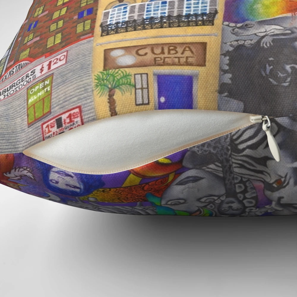 Colorful pillow featuring a detailed drawing of the Roanoke, Virginia train station by artist Brook Ludy.