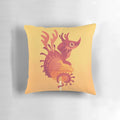 Colorful decorative pillow featuring a whimsical dragon alebrije design in shades of cherry and orange