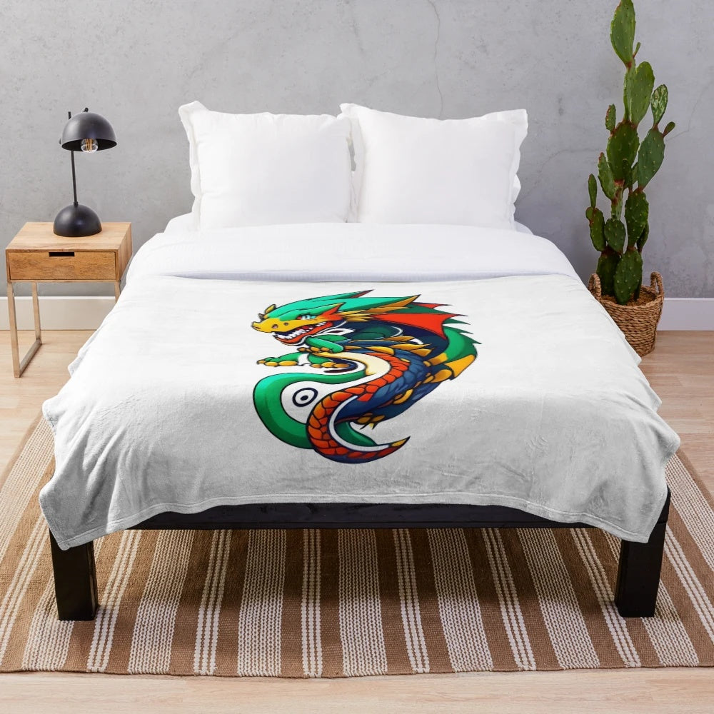 Colorful dragon art illustration on a soft, warm plush blanket