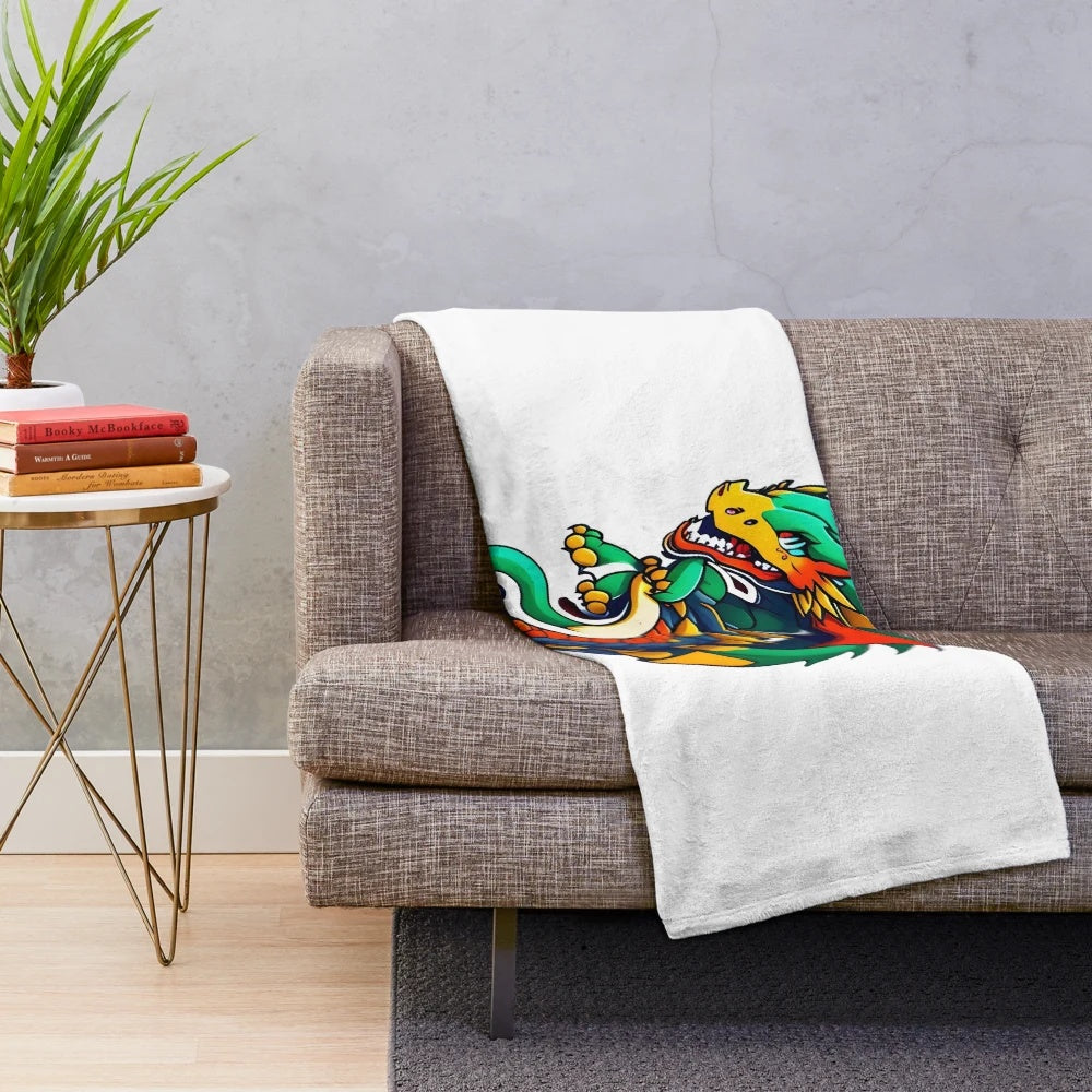 Colorful dragon art illustration on a soft, warm plush blanket