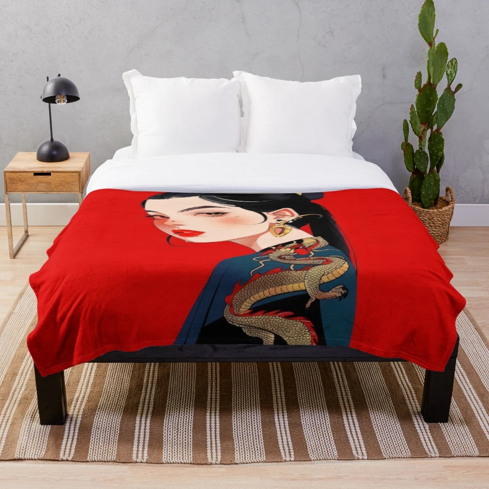 Vibrant dragon-inspired plush blanket with a stylized, modern design
