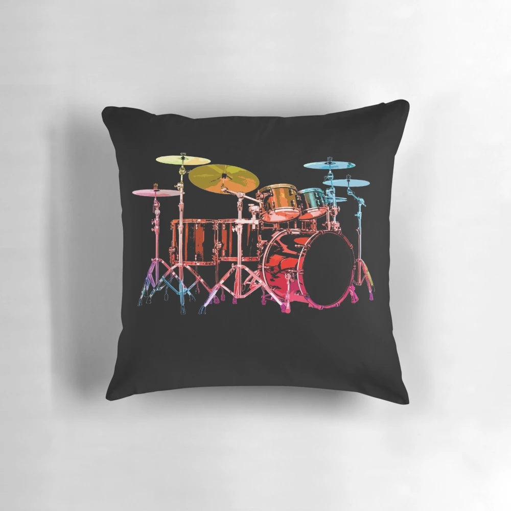 Colorful drum set design printed on a comfortable, high-quality pillow
