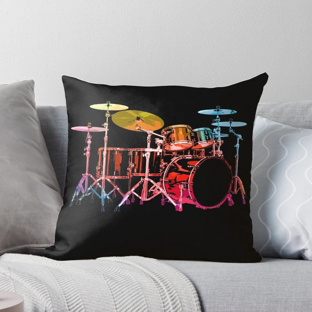 Colorful drum set design printed on a comfortable, high-quality pillow