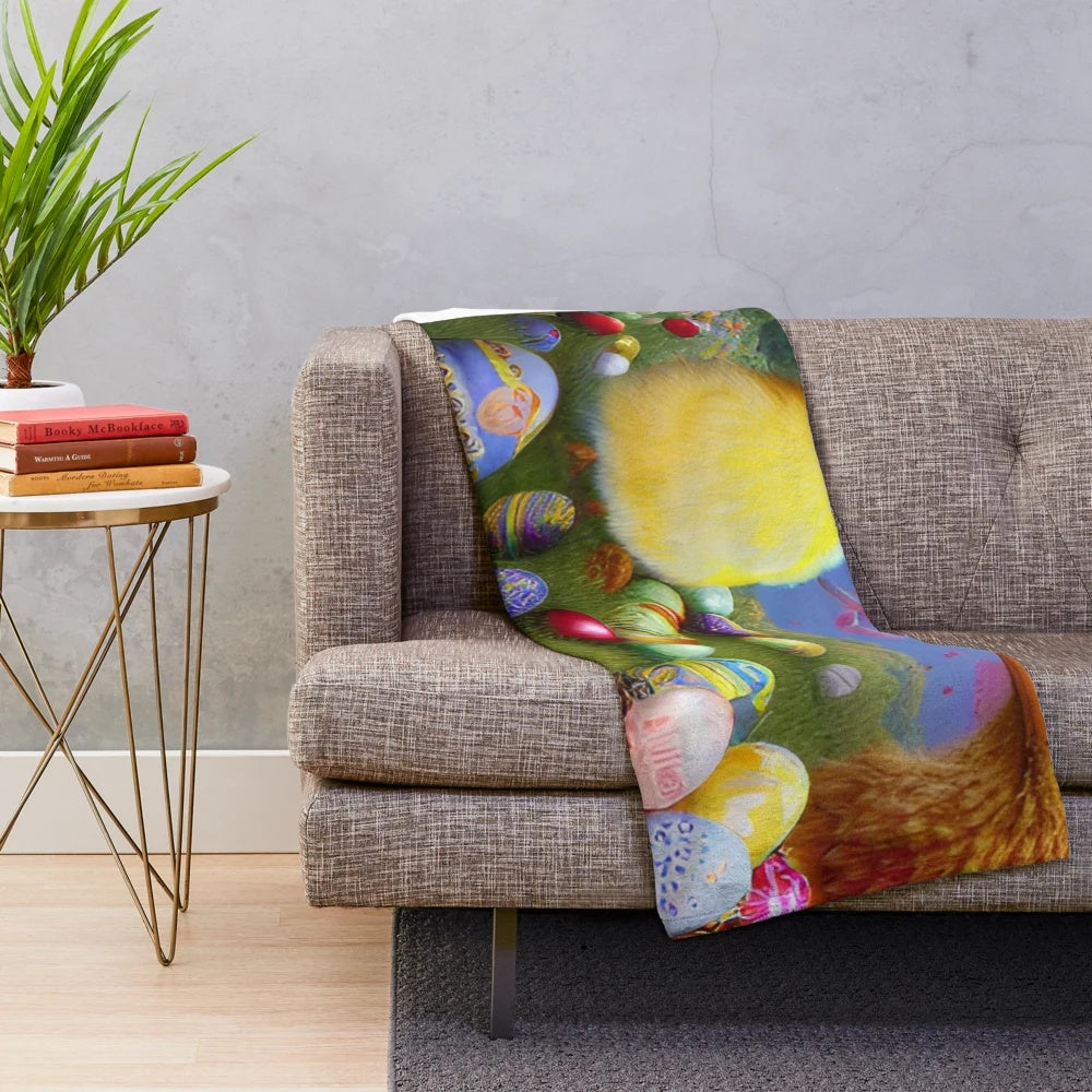 Colorful Easter plush blanket featuring bunnies, chicks, and spring flowers