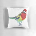 Closeup of a beautiful eastern rosella parrot on a watercolor-style throw pillow.