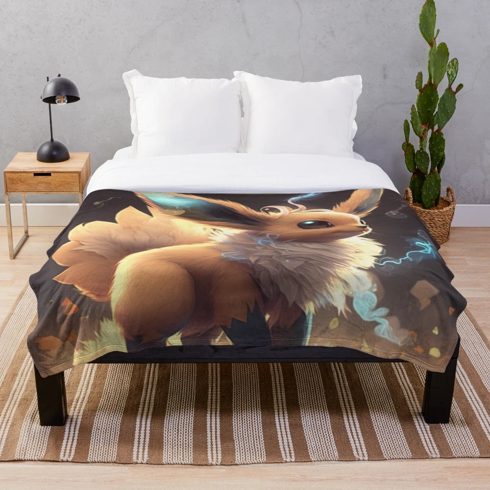 Colorful illustration of Eeveelution characters on a plush blanket