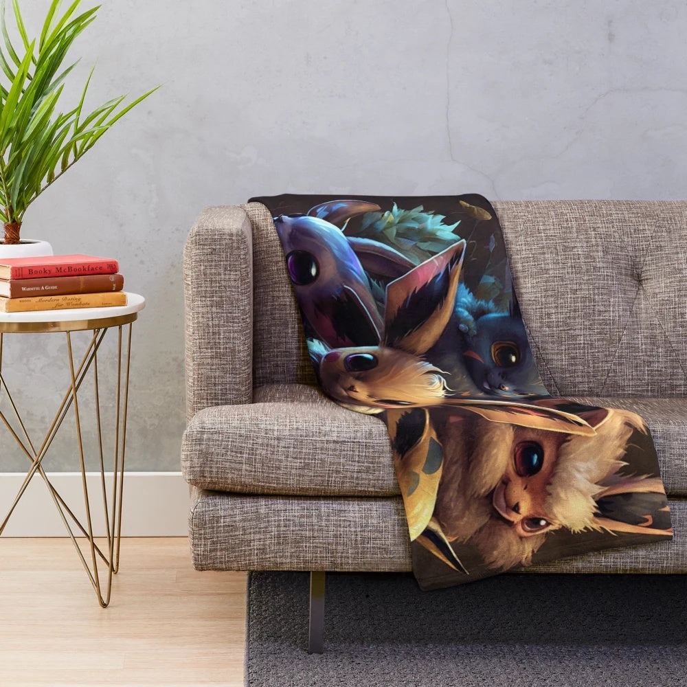 Colorful eeveelution art plush blanket featuring beloved anime characters