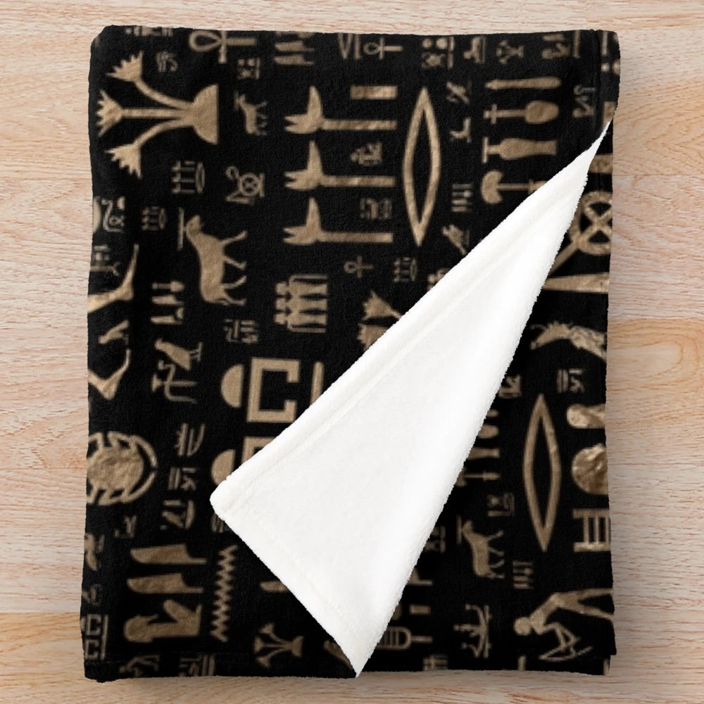 Plush blanket with ancient Egyptian hieroglyphic pattern and symbols