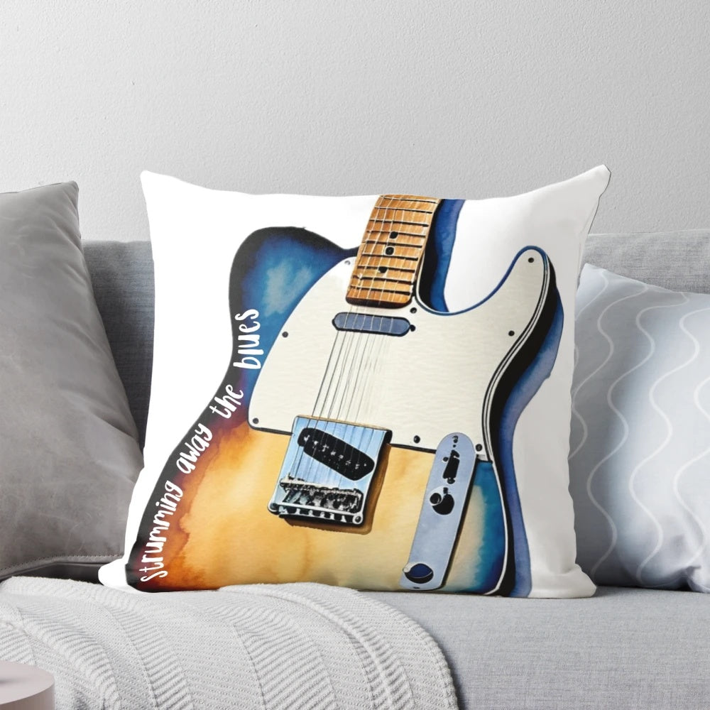 Colorful watercolor-style illustration of an electric guitar strumming the blues on a decorative pillow.
