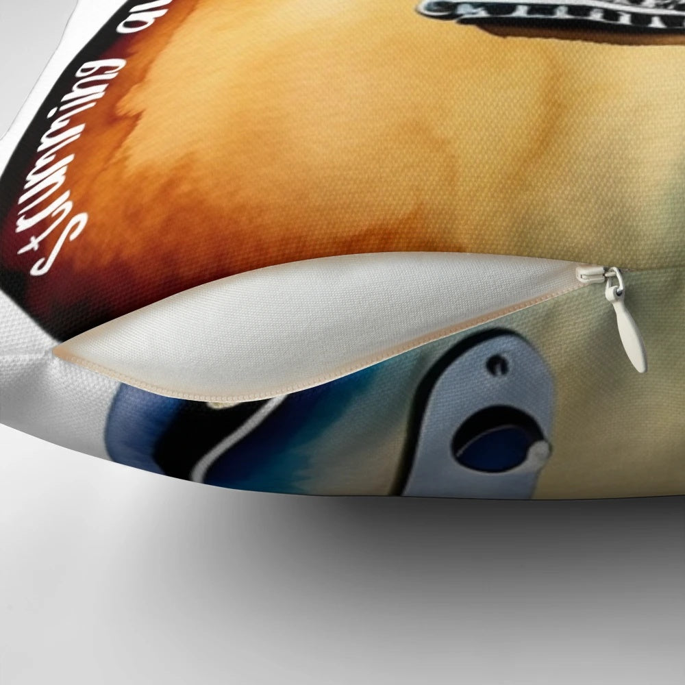 Colorful watercolor-style illustration of an electric guitar strumming the blues on a decorative pillow.