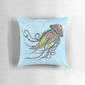 Colorful electric jellyfish pillow with neon tentacles, swirling patterns, and a doodle-like design.