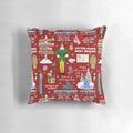 Colorful Buddy the Elf collage printed on a plush cotton pillow with a red background.