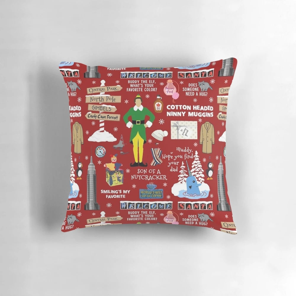 Colorful Buddy the Elf collage printed on a plush cotton pillow with a red background.