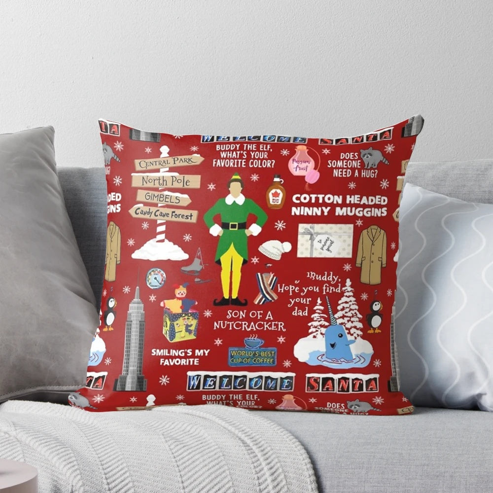 Colorful Buddy the Elf collage printed on a plush cotton pillow with a red background.
