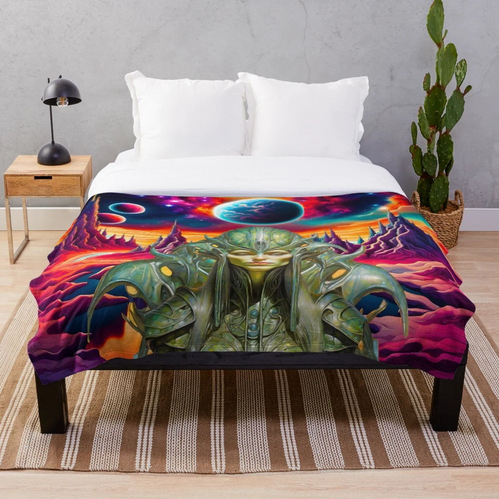Colorful plush blanket with fantasy art and sci-fi inspired design