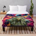 Colorful plush blanket with fantasy art and sci-fi inspired design