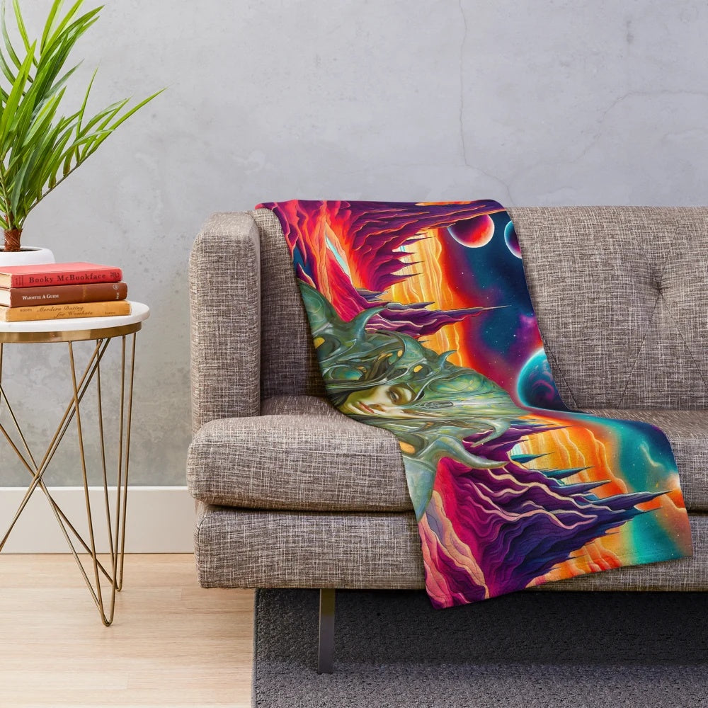 Colorful plush blanket with fantasy art and sci-fi inspired design