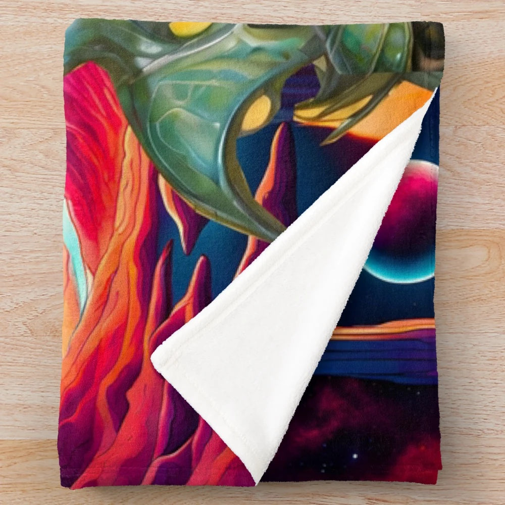 Colorful plush blanket with fantasy art and sci-fi inspired design