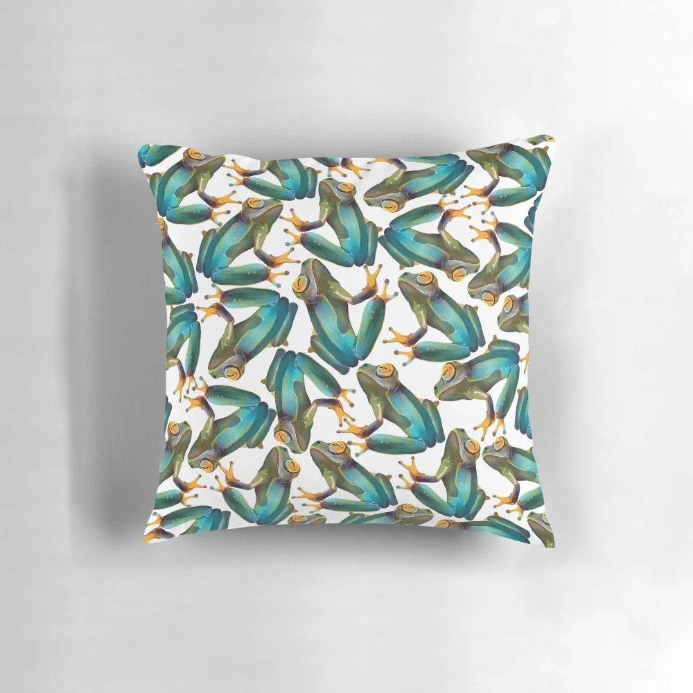 Bright, colorful enchanted frogs design on a plush throw pillow