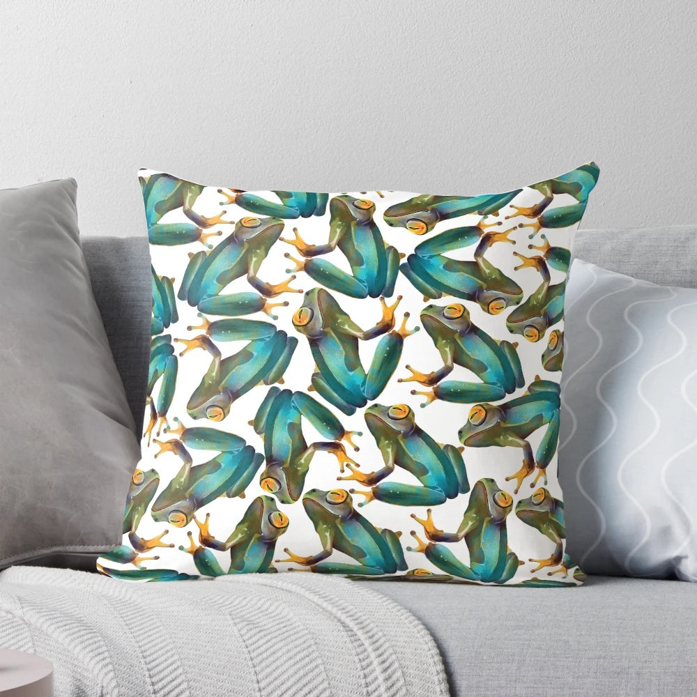 Bright, colorful enchanted frogs design on a plush throw pillow