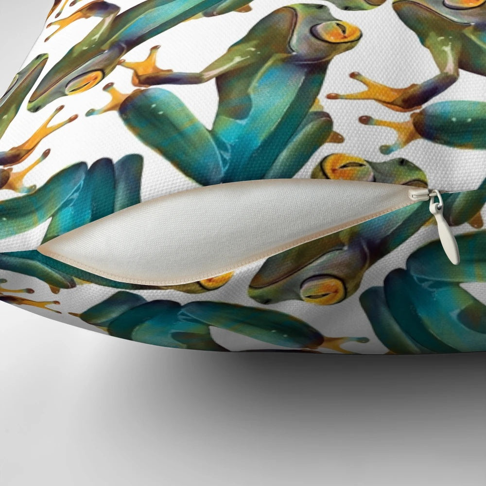 Bright, colorful enchanted frogs design on a plush throw pillow