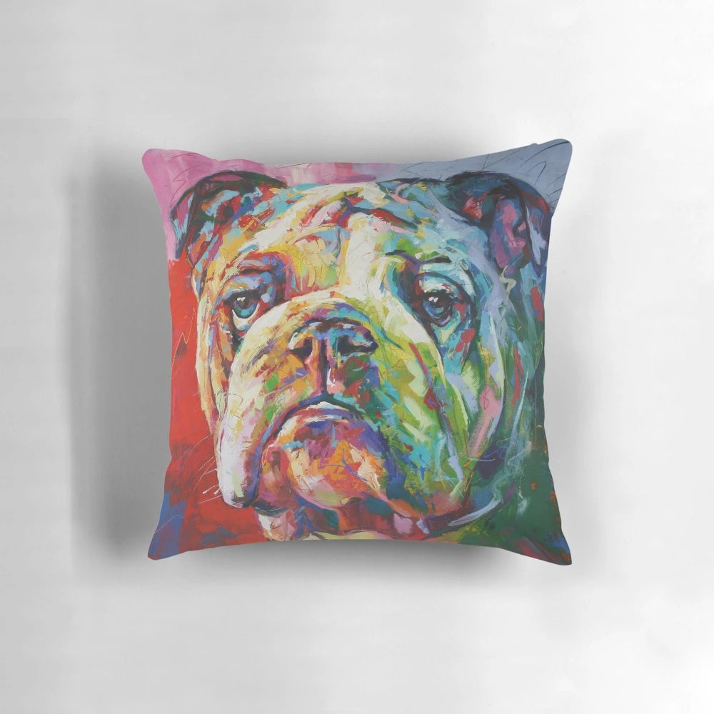 Vibrant English bulldog pillow featuring a pop art style design with a spontaneous realism aesthetic.