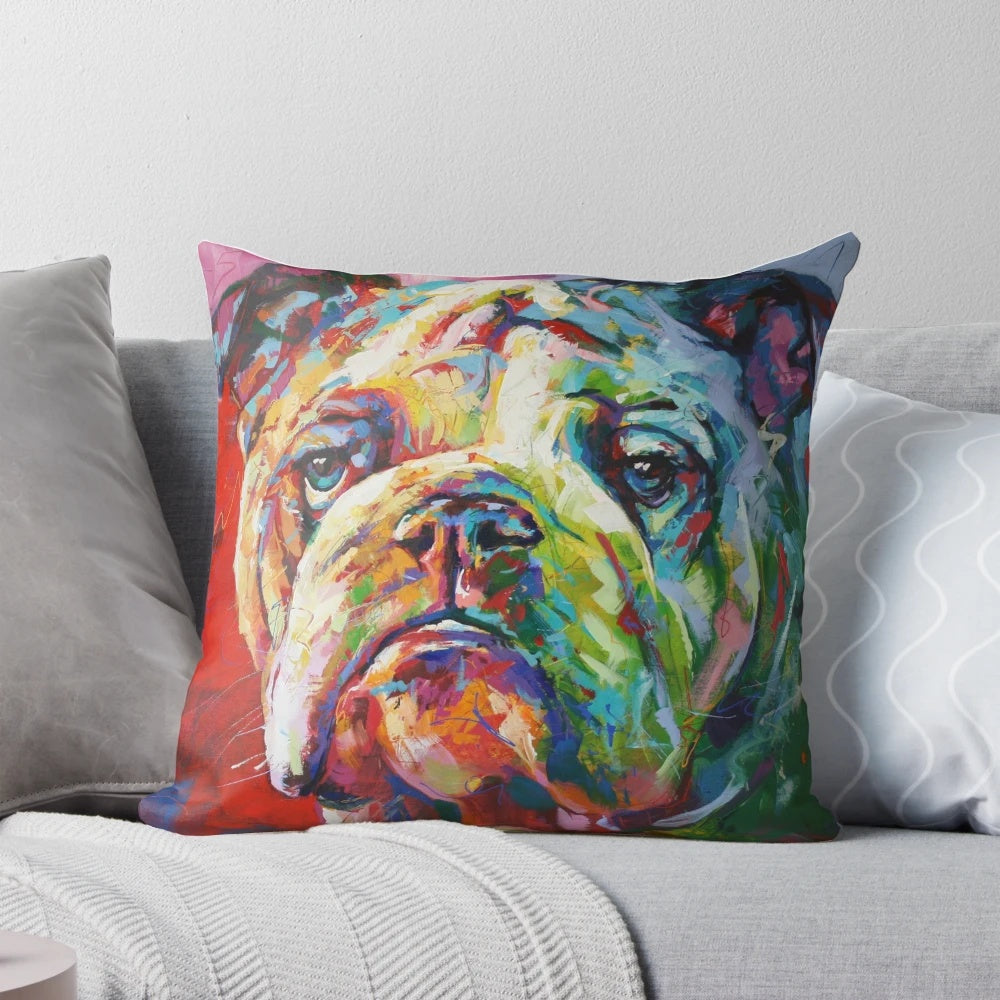 Vibrant English bulldog pillow featuring a pop art style design with a spontaneous realism aesthetic.