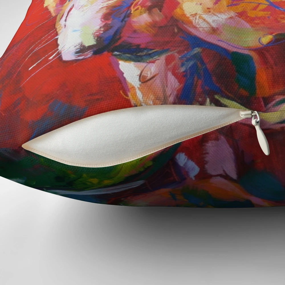 Vibrant English bulldog pillow featuring a pop art style design with a spontaneous realism aesthetic.