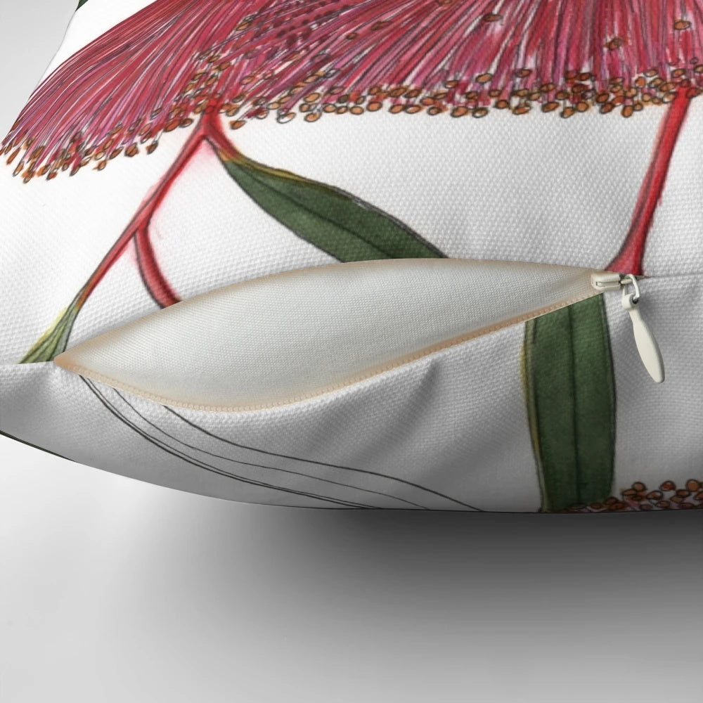 Closeup image of stunning pink eucalyptus mallee flowers on a decorative pillow.