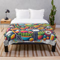Colorful plush blanket with vibrant everyday life art collage design