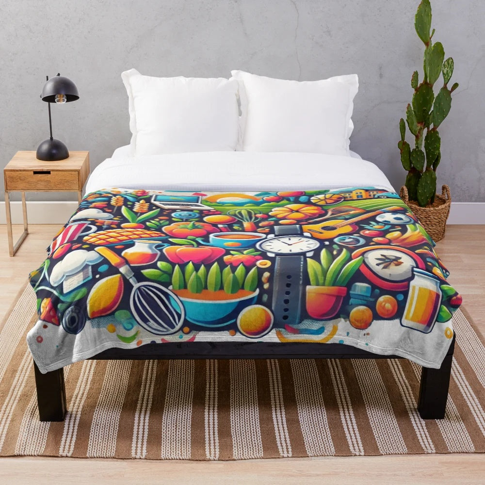 Colorful plush blanket with vibrant everyday life art collage design