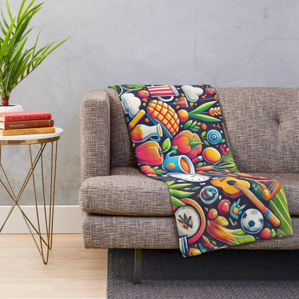 Colorful plush blanket with vibrant everyday life art collage design