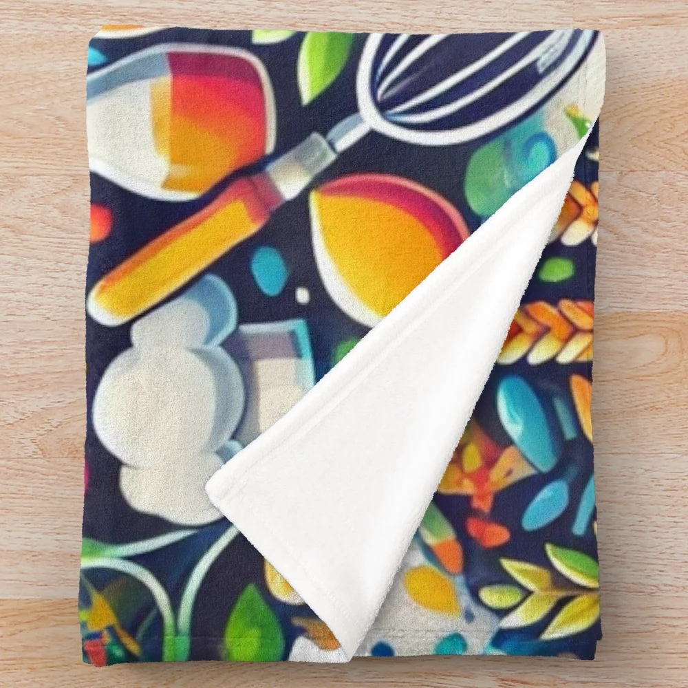 Colorful plush blanket with vibrant everyday life art collage design