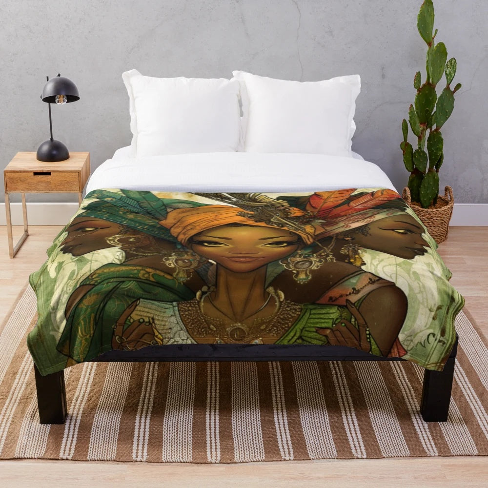 Colorful plush blanket featuring fairy sisters from West African folklore