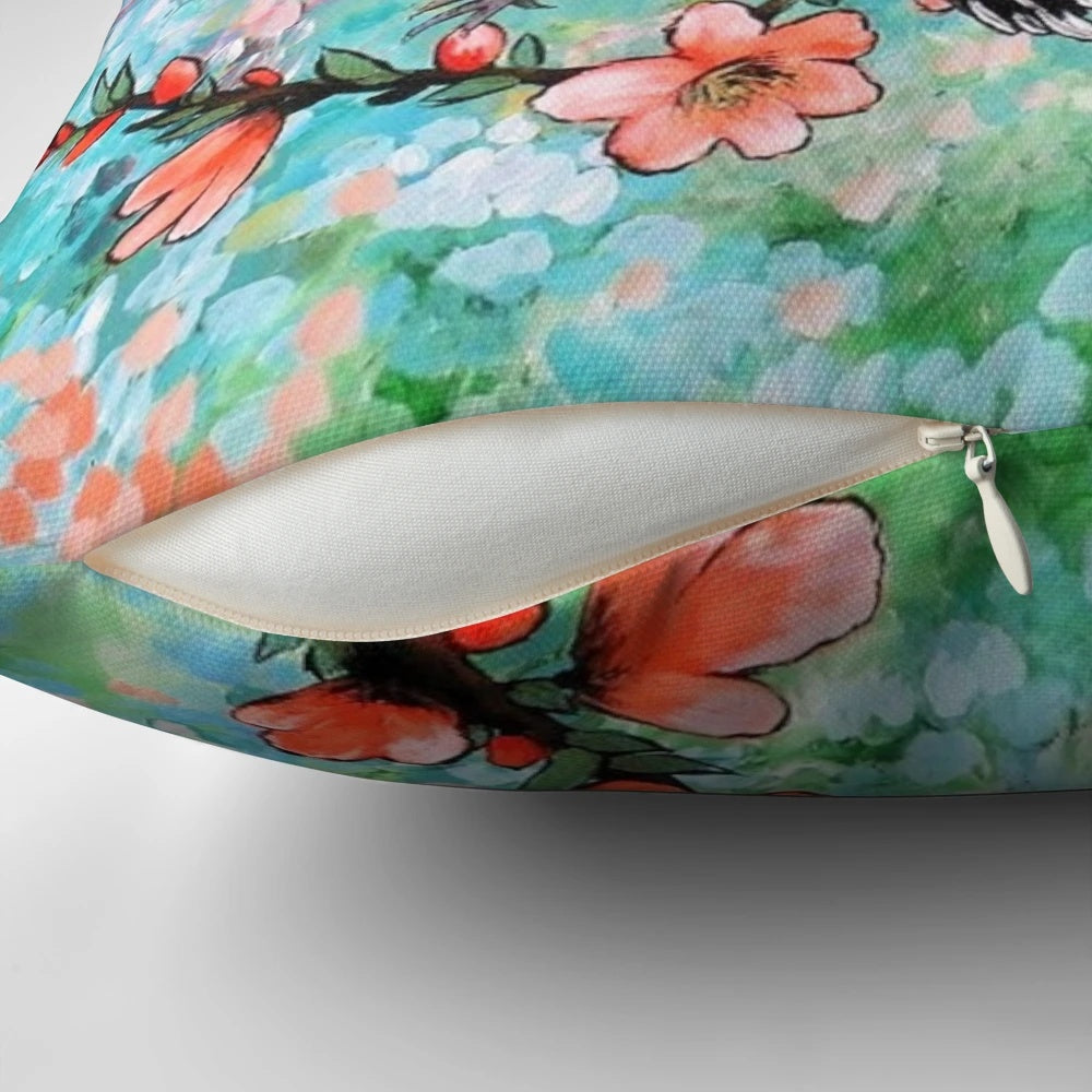 Colorful throw pillow featuring a detailed illustration of a vibrant fairy wren bird against a nature-inspired background.