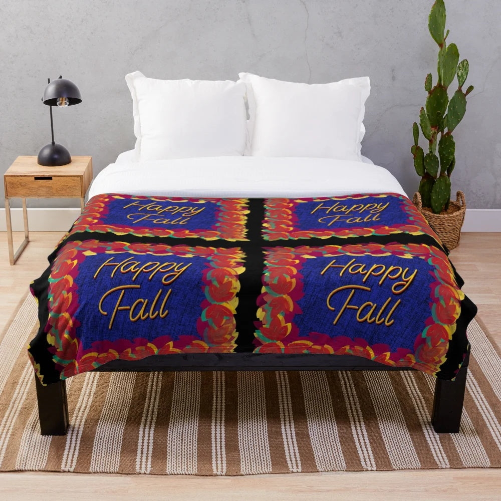 Colorful fall leaves plush blanket with a green, blue, and black background